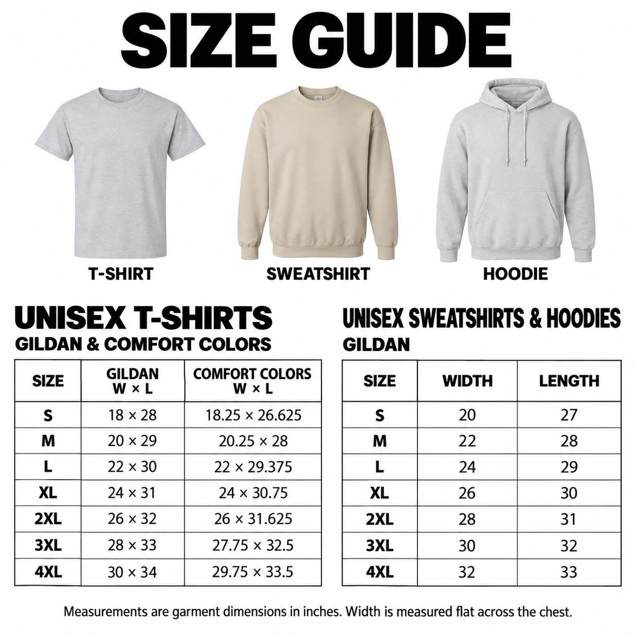 T-Shirt Sweatshirt Hoodie Size Guide
